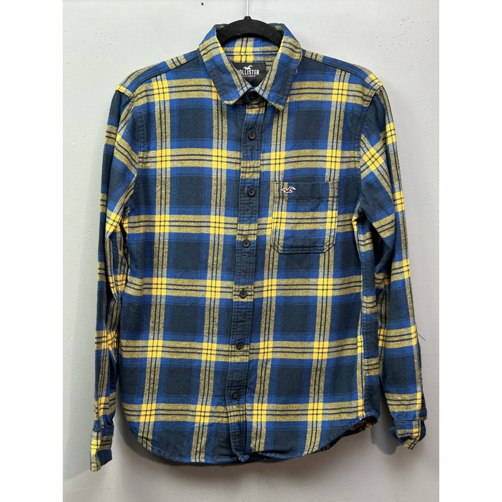 Hollister Shirt Mens XS Blue Yellow Plaid Flannel Button Up Pocket Classic Logo